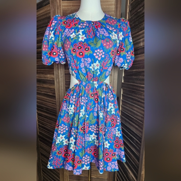 AMUR Dresses & Skirts - AMUR Blue Floral Puff Sleeve Cutout Mini Dress Size 00 Summer Party Wedding